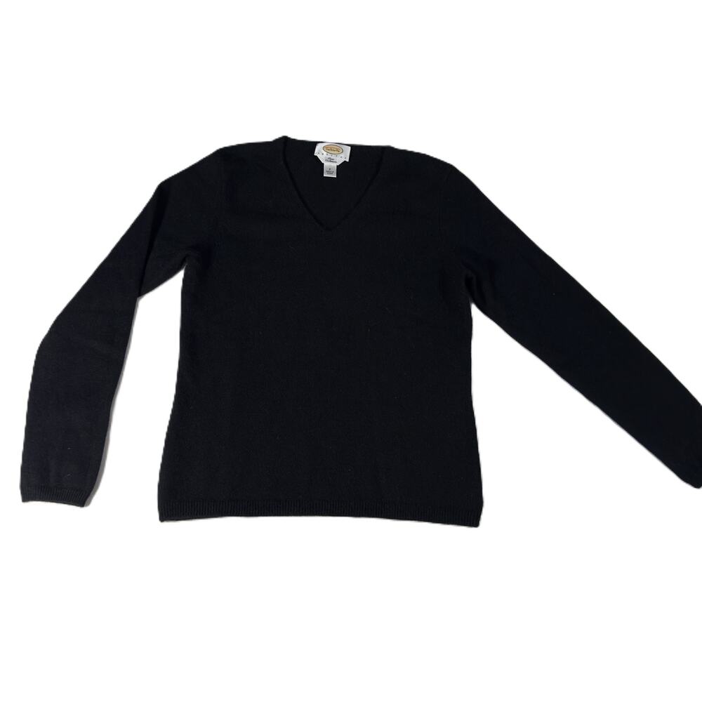 Talbots Petites 100% Cashmere Sweater Women P Black V Neck Long Sleeve w/ flaw